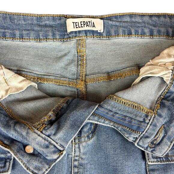 Telepatia Denim Skirt Women Size 16 Light Blue Wash Utilitarian Pockets Y2K Mini - Picture 8 of 10